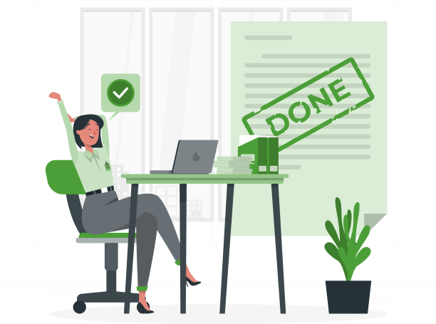 Illustration of a person at a desk with a 'DONE' stamp, signifying completion